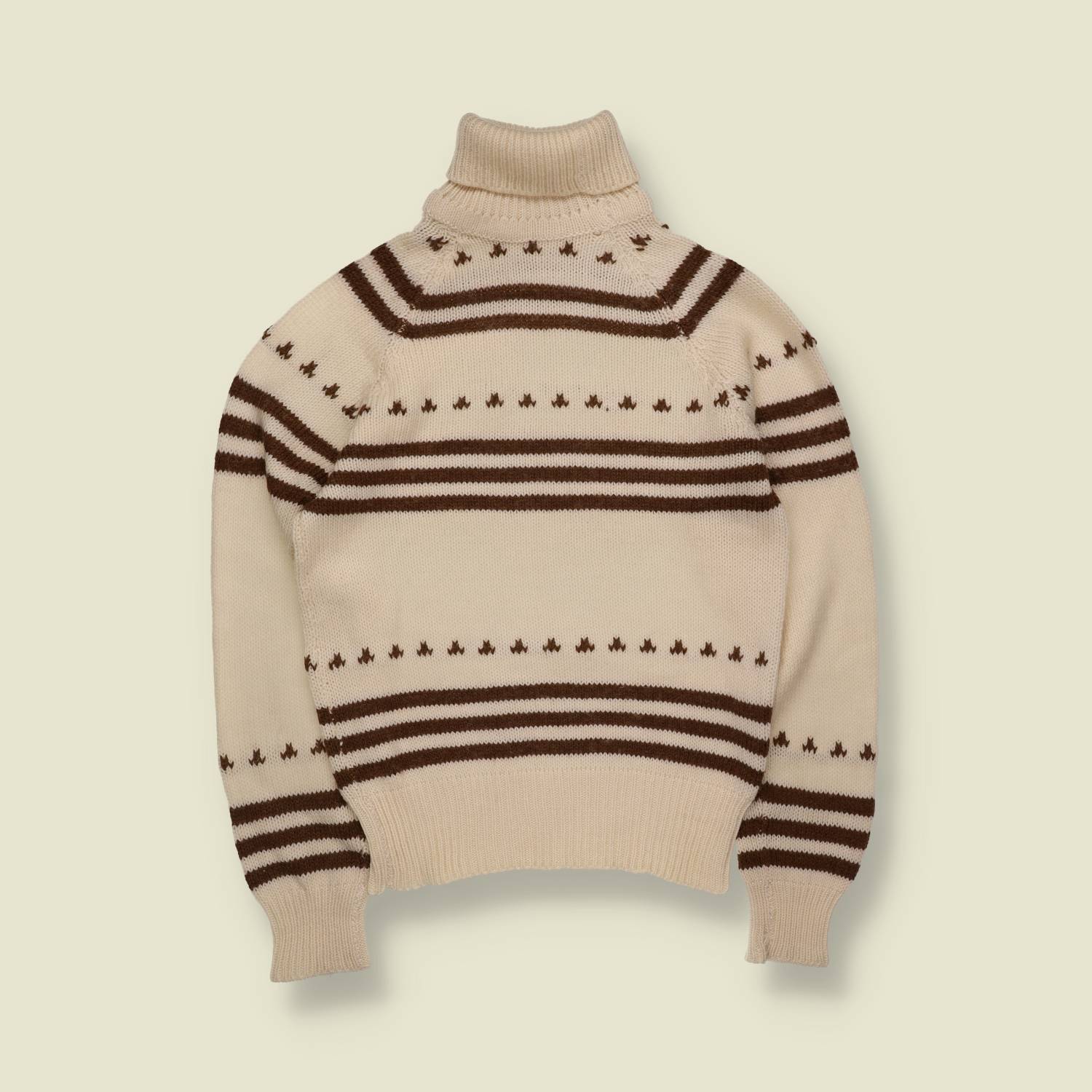 1970s | Cream & Brown Stripe and Motif Roll Neck Jumper - 8