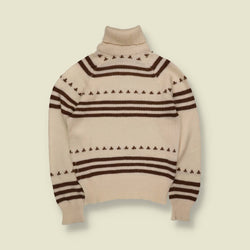 1970s | Cream & Brown Stripe and Motif Roll Neck Jumper - 8