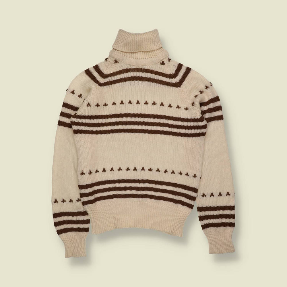 1970s | Cream & Brown Stripe and Motif Roll Neck Jumper - 8