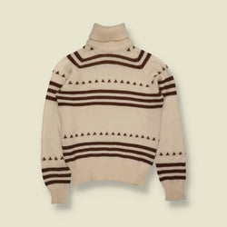 1970s | Cream & Brown Stripe and Motif Roll Neck Jumper - 8