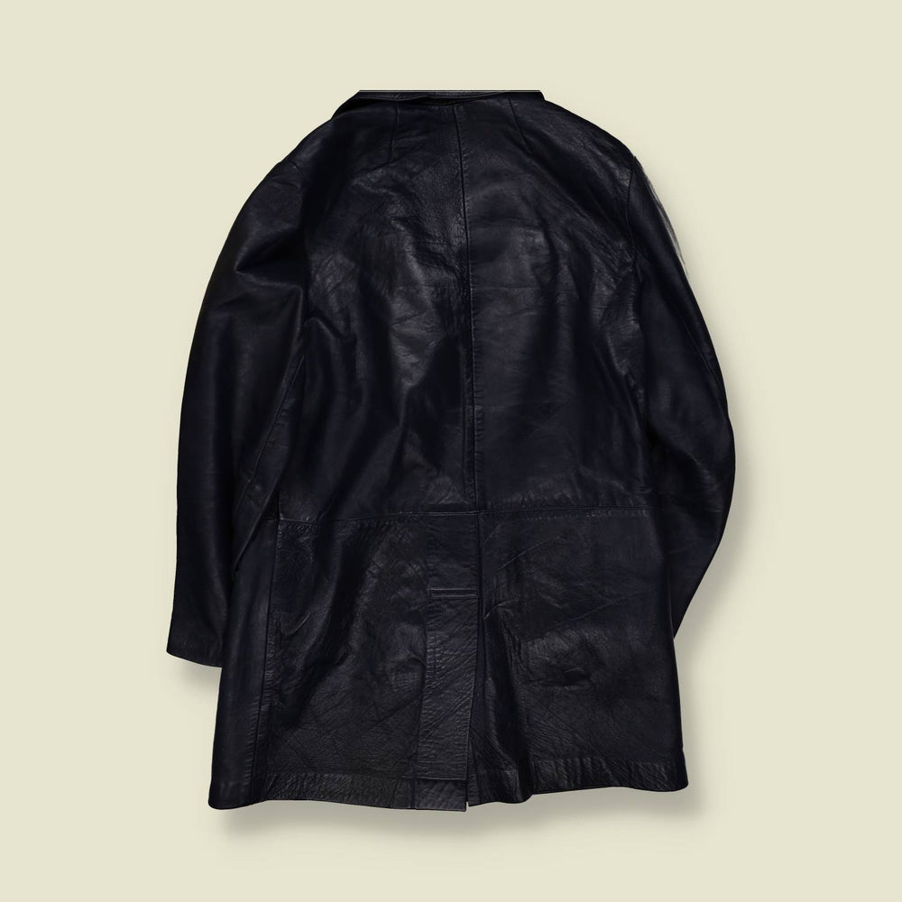 1990s | Longline Leather Jacket | Dark Blue - 14