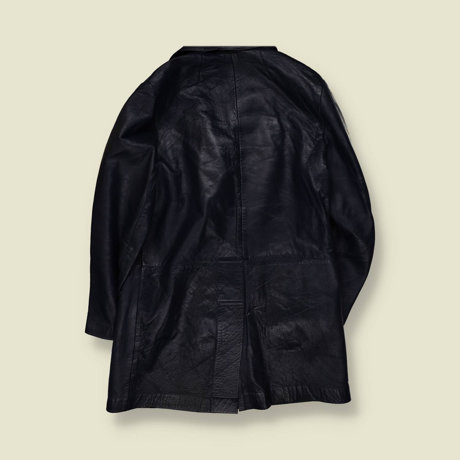 1990s | Longline Leather Jacket | Dark Blue - 14