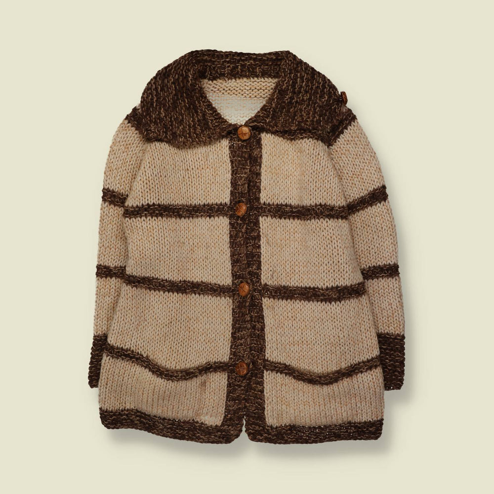 1970s | Handmade Chunky Knit Cardigan | Cream & Brown - 14