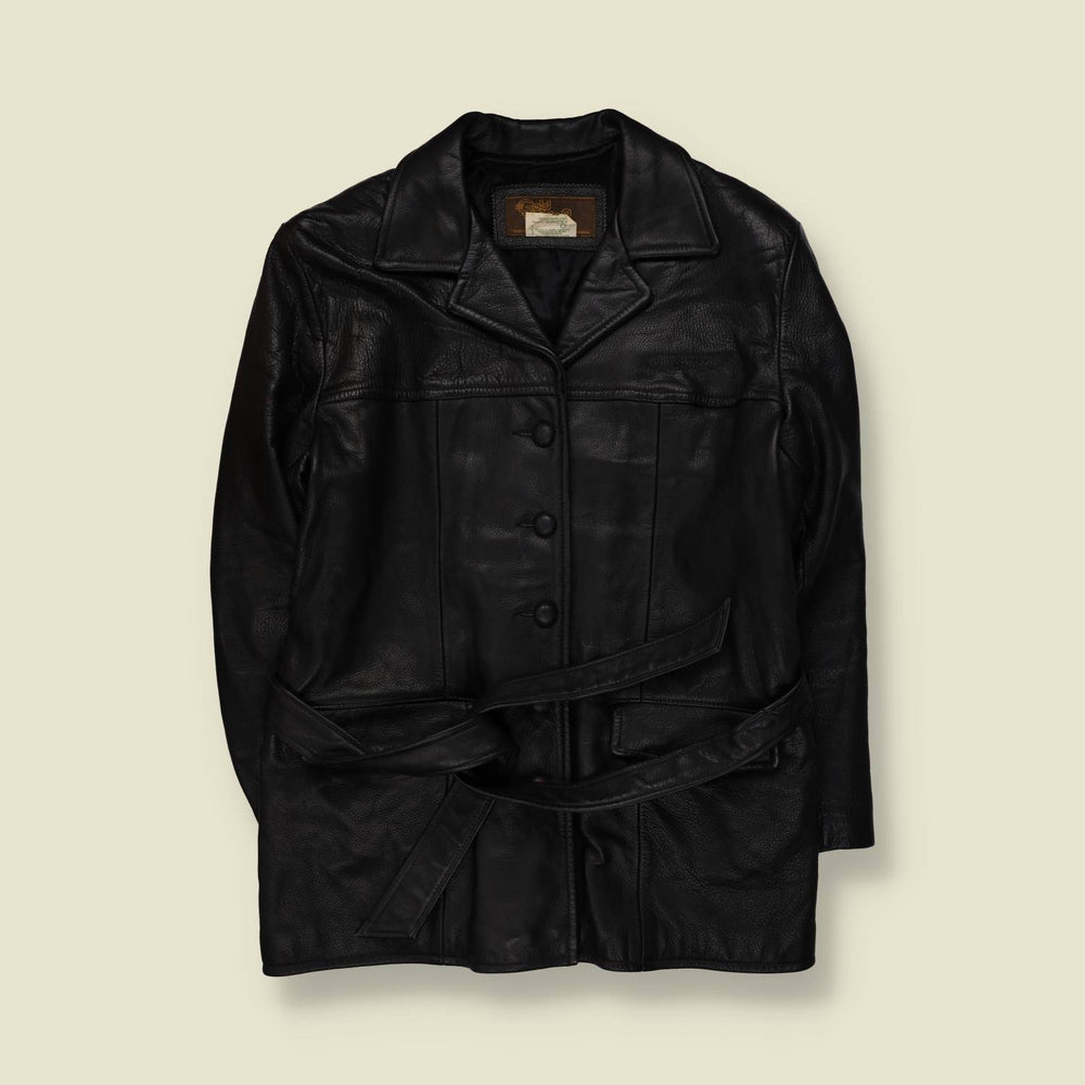 1990s | Belted Leather Jacket | Black - 14
