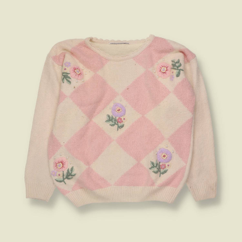 1970s/1980s | Argyle Embroidered Floral Jumper | Pink & Cream - 10