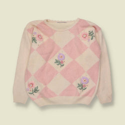 1970s/1980s | Argyle Embroidered Floral Jumper | Pink & Cream - 10