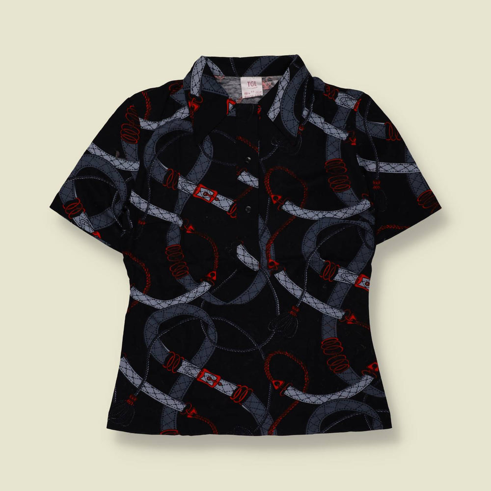 1970s | TGL | Deadstock Equestrian Print Blouse | Black - 10