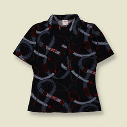 1970s | TGL | Deadstock Equestrian Print Blouse | Black - 10