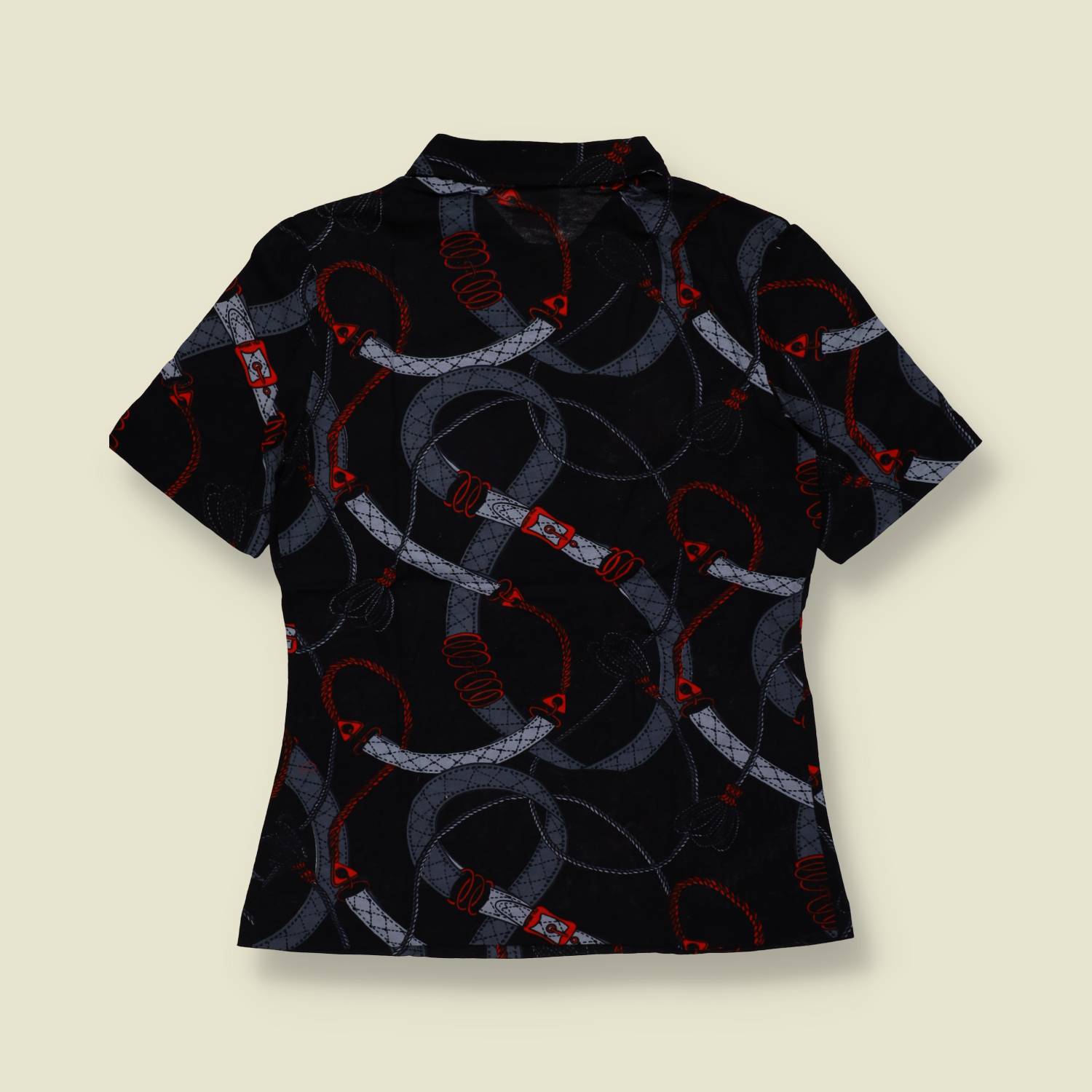 1970s | TGL | Deadstock Equestrian Print Blouse | Black - 10