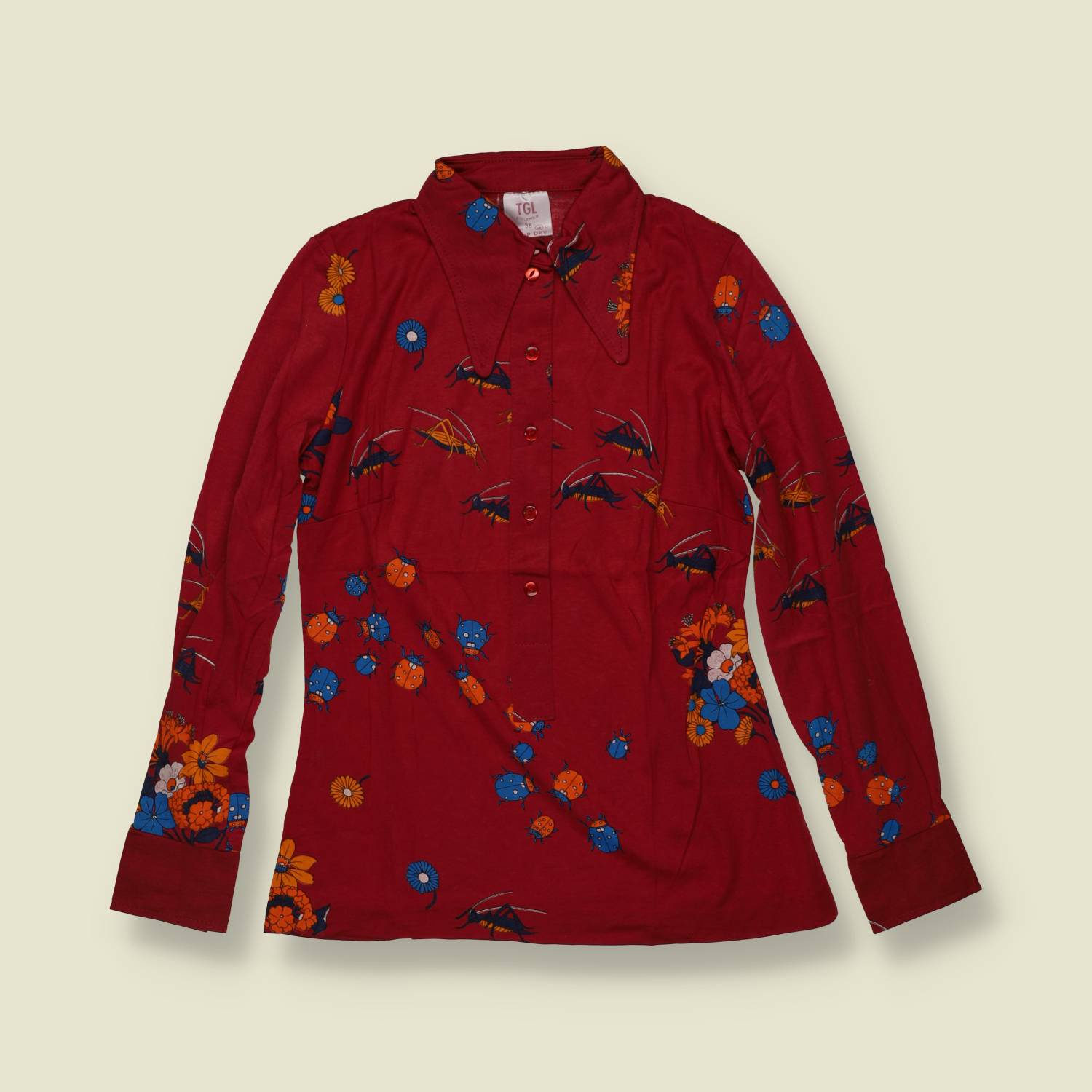 1970s | TGL | Deadstock Novelty Insect Print Blouse | Burgundy - 8