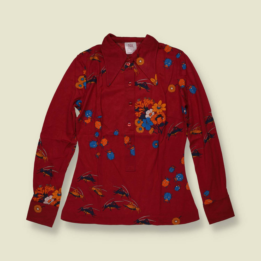 1970s | TGL | Deadstock Novelty Insect Print Blouse | Burgundy - 6