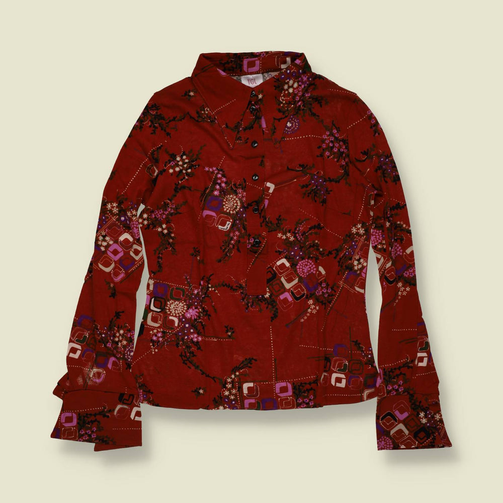 1970s | TGL | Deadstock Cherry Blossom Print Blouse | Rust - 10