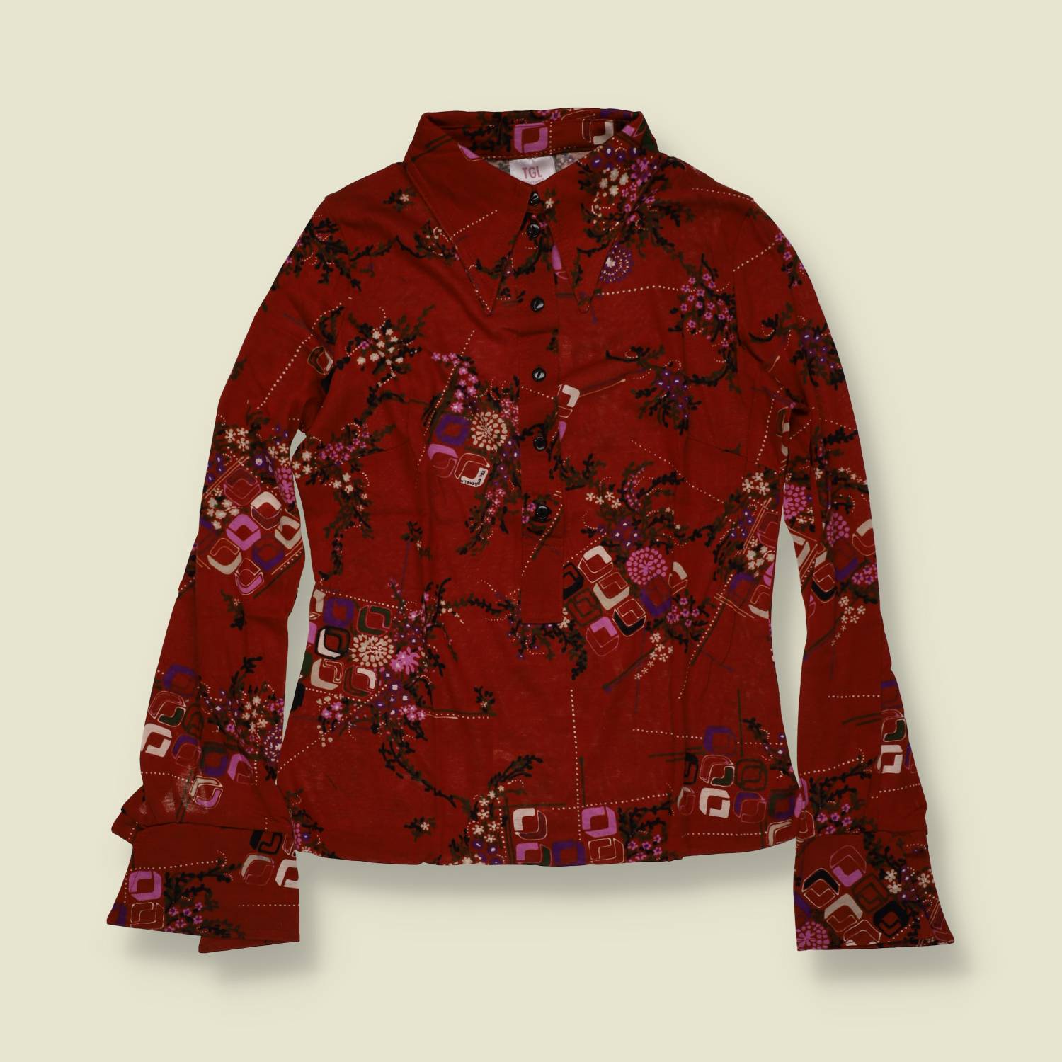 1970s | TGL | Deadstock Cherry Blossom Print Blouse | Rust - 10