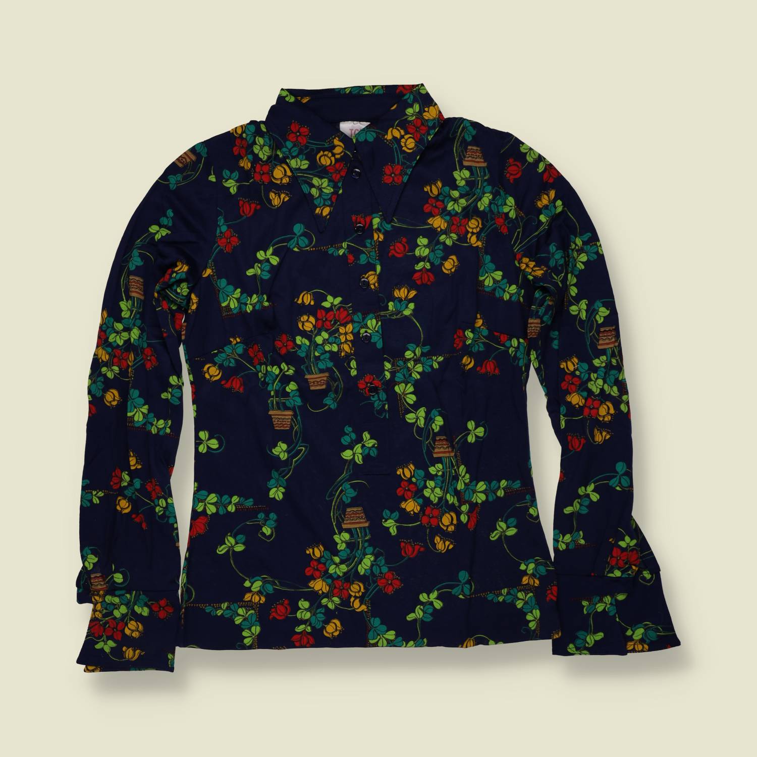 1970s | Deadstock Botanical Print Blouse | Navy - 8
