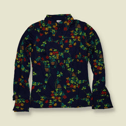 1970s | Deadstock Botanical Print Blouse | Navy - 8