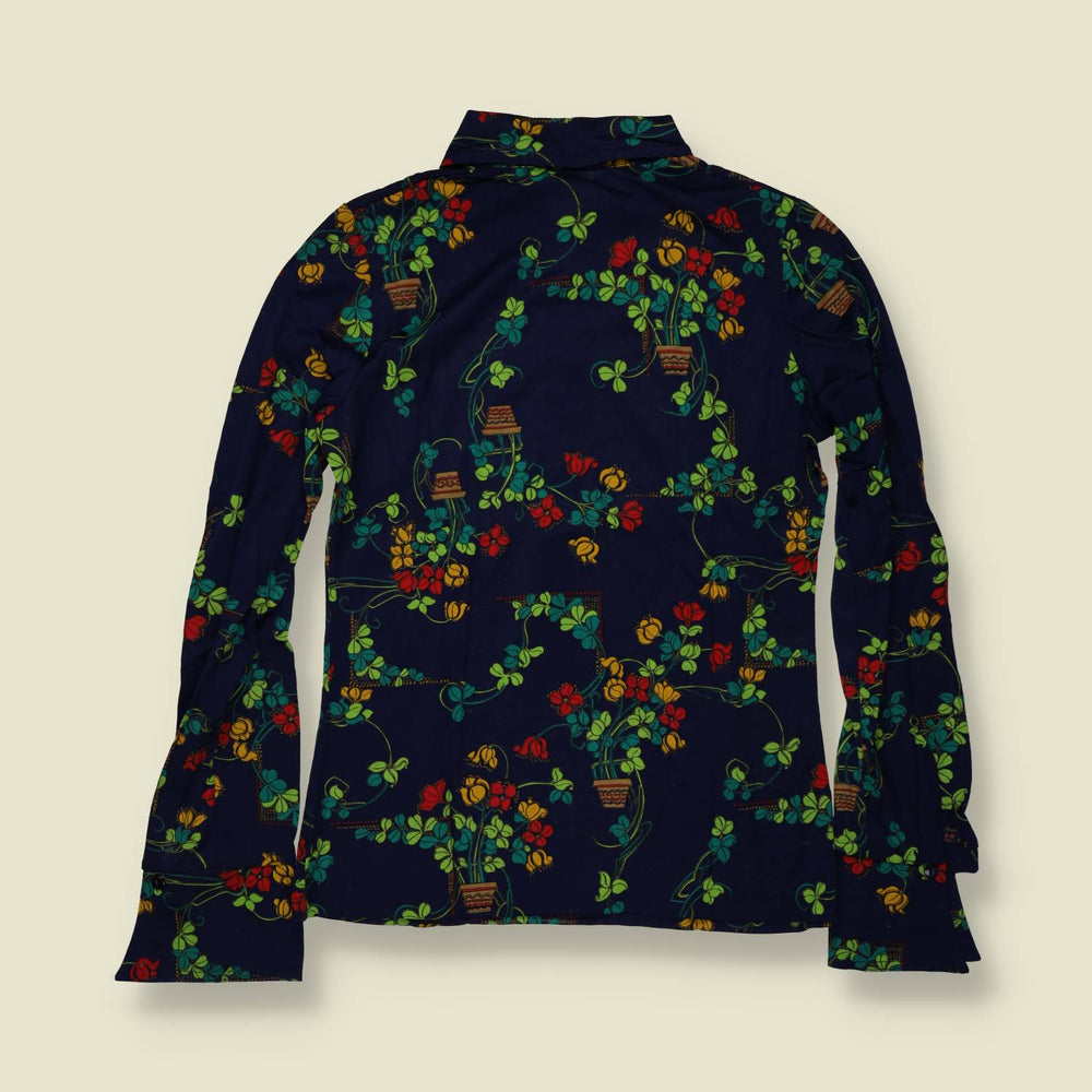 1970s | Deadstock Botanical Print Blouse | Navy - 8
