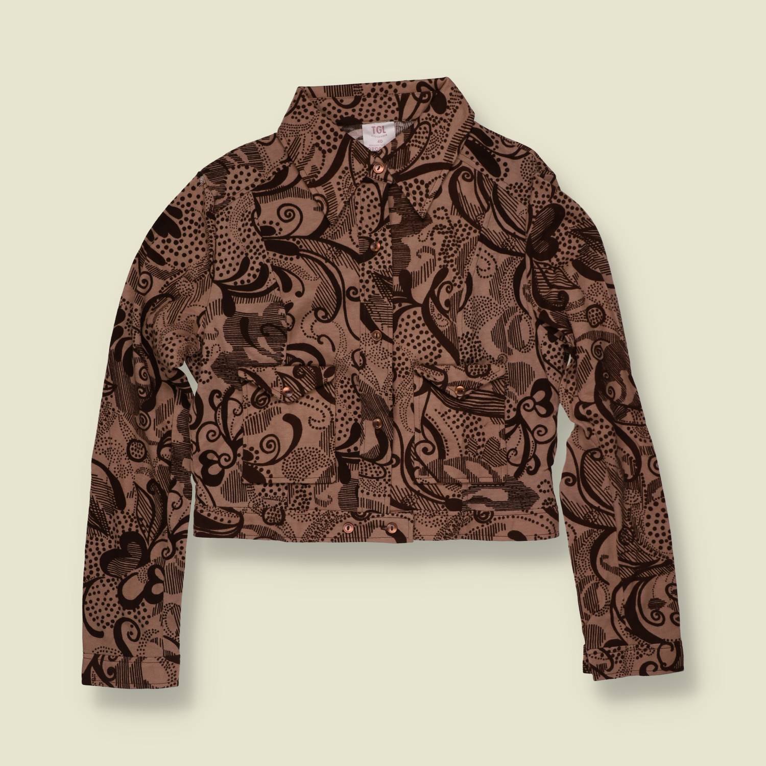 1970s | TGL | Deadstock Psychedelic Print Cropped Blouse | Taupe & Brown - 12
