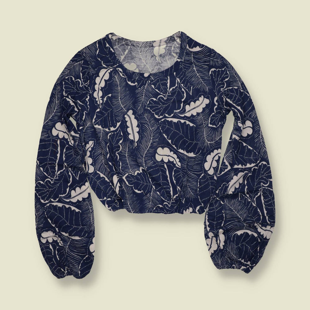 1970s | Deadstock Leaf Print Blouse | Navy - 10