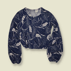 1970s | Deadstock Leaf Print Blouse | Navy - 10