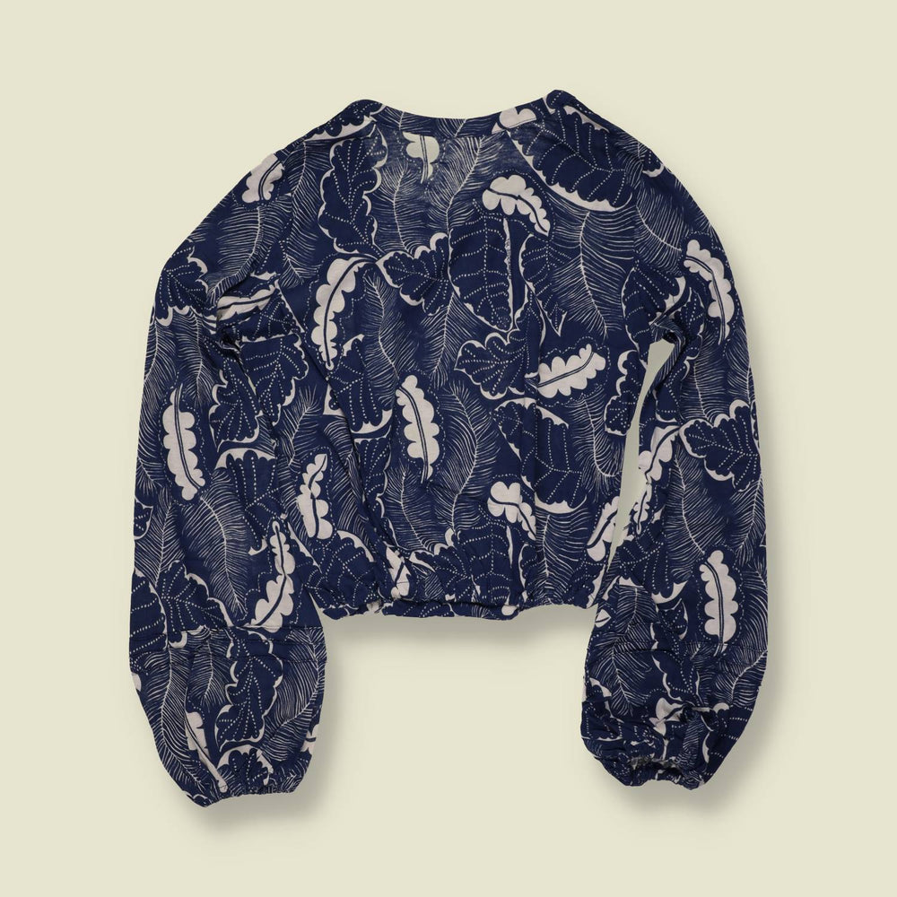 1970s | Deadstock Leaf Print Blouse | Navy - 10