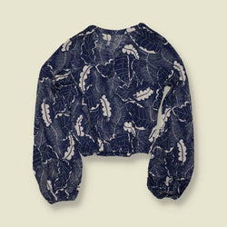1970s | Deadstock Leaf Print Blouse | Navy - 10
