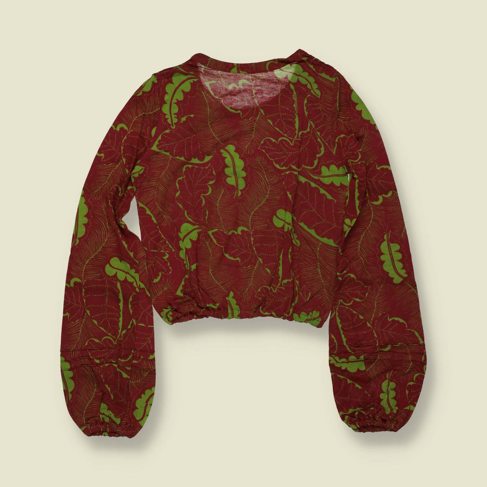 1970s | Deadstock Leaf Print Blouse | Burgundy & Green - 8