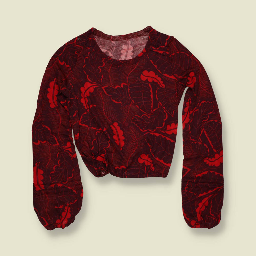 1970s | Deadstock Leaf Print Blouse | Red & Burgundy - 6