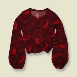 1970s | Deadstock Leaf Print Blouse | Red & Burgundy - 6