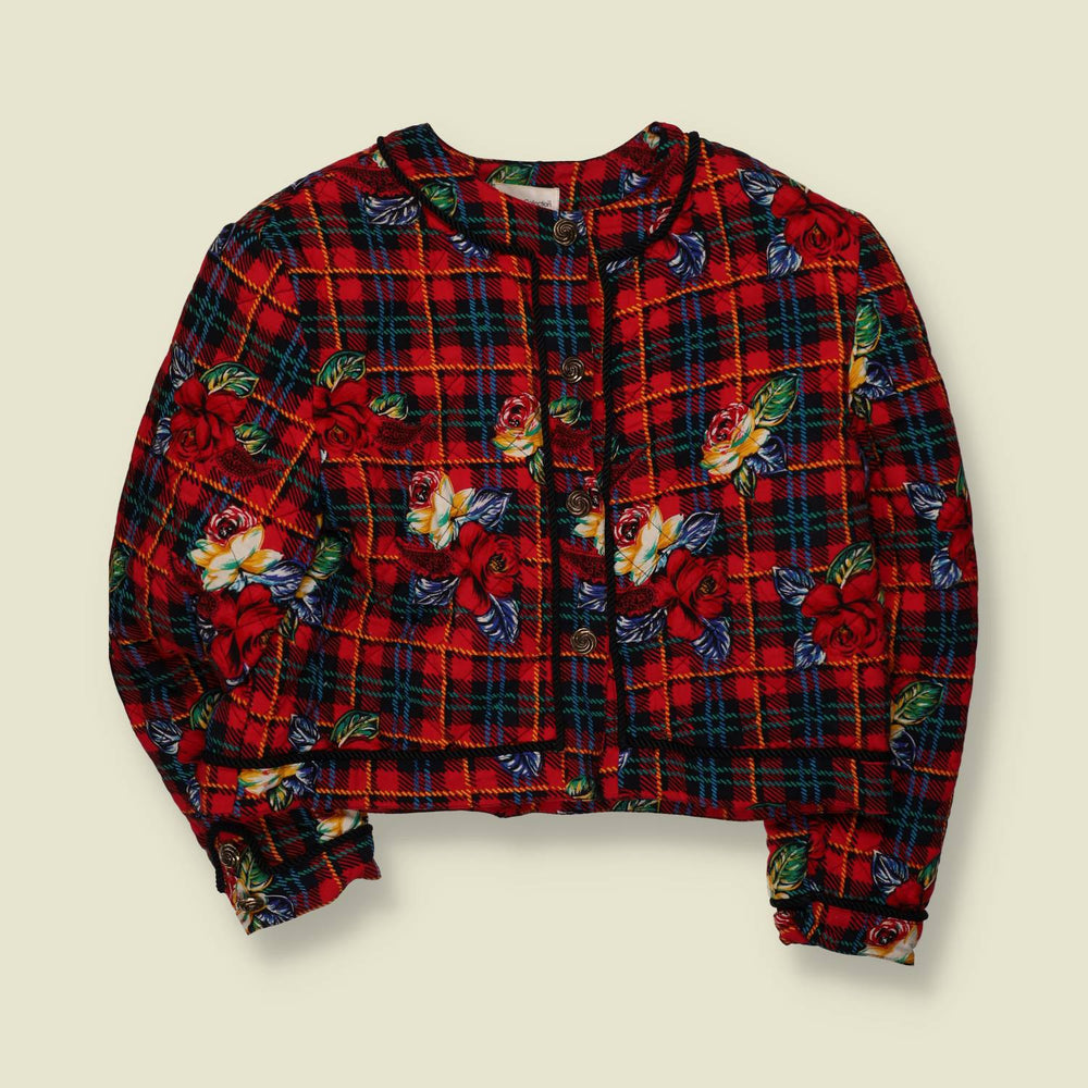1980s | Pontoma | Tartan Floral Print Jacket | Red - 16