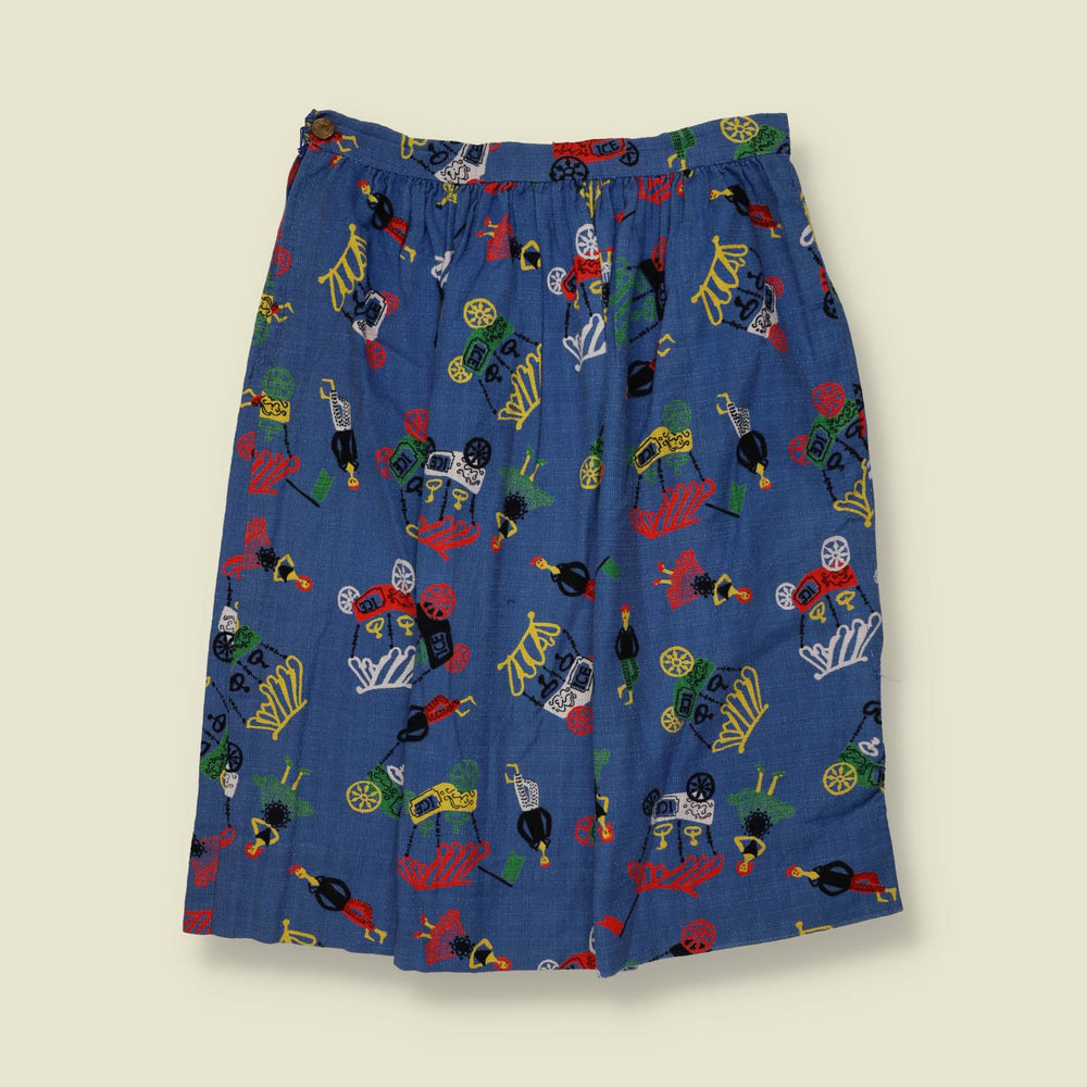 1950s | Barkcloth Novelty Print Skirt | Blue - w32