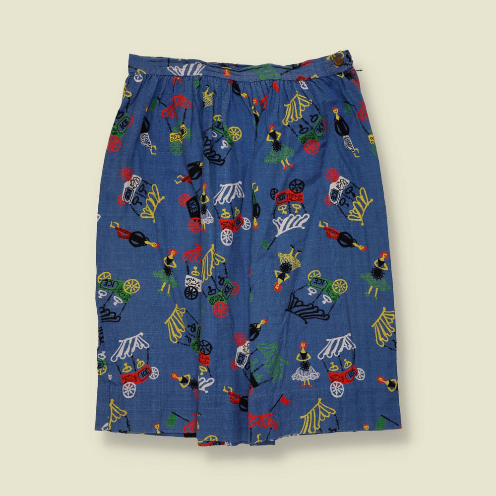 1950s | Barkcloth Novelty Print Skirt | Blue - w32