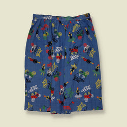 1950s | Barkcloth Novelty Print Skirt | Blue - w32