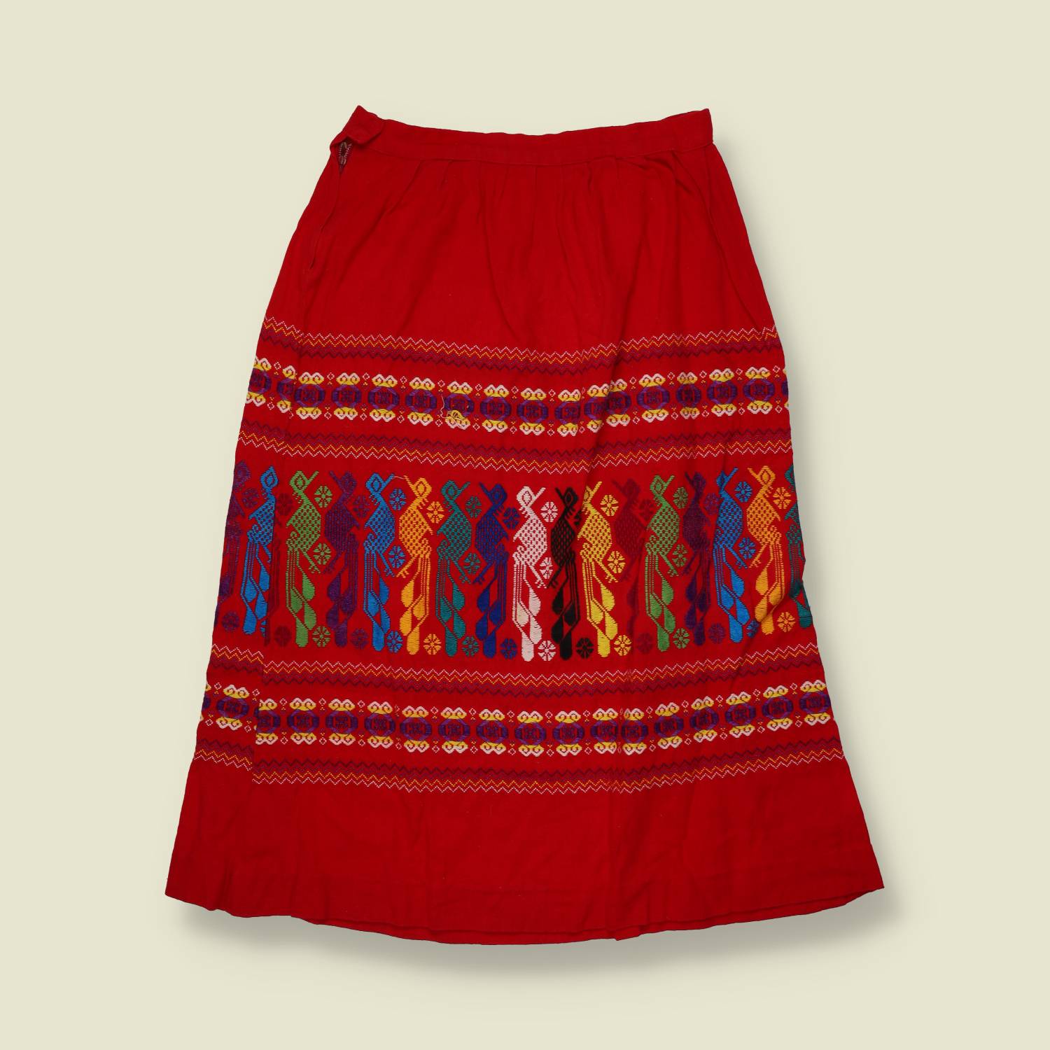 1970s | Woven Bird Motif Skirt | Red - w26
