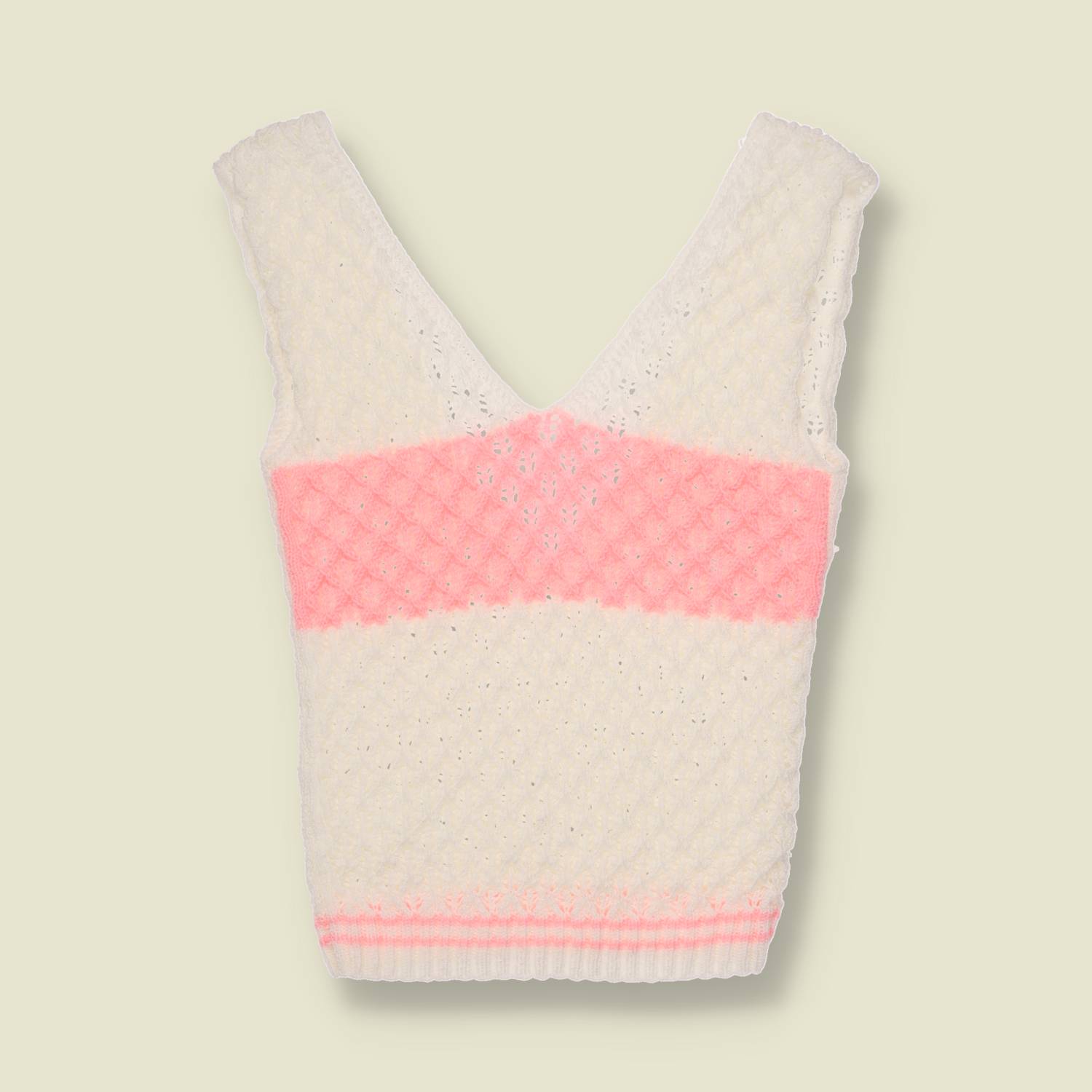 1970s | Textured Knit Vest Top | Cream & Pink - 0