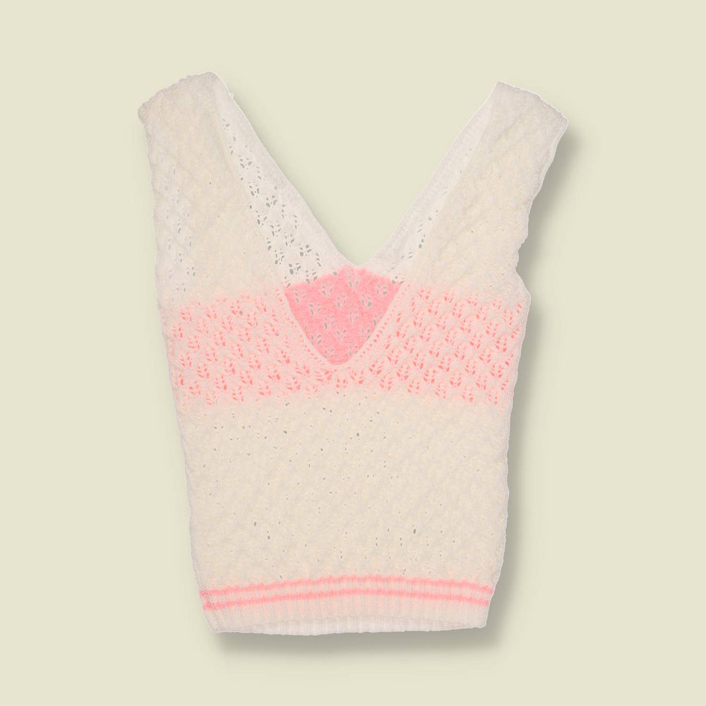 1970s | Textured Knit Vest Top | Cream & Pink - 0