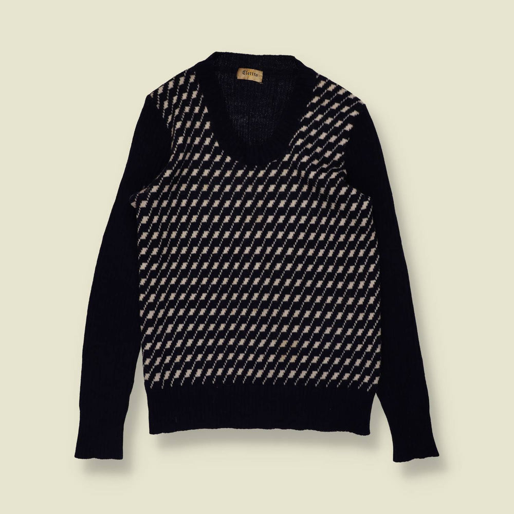 1970s | Elettra | Houndstooth Knit Jumper | Navy & Cream - 8