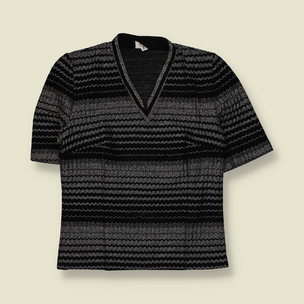 1970s | Metallic Zigzag Knit Top | Black & Silver - 6