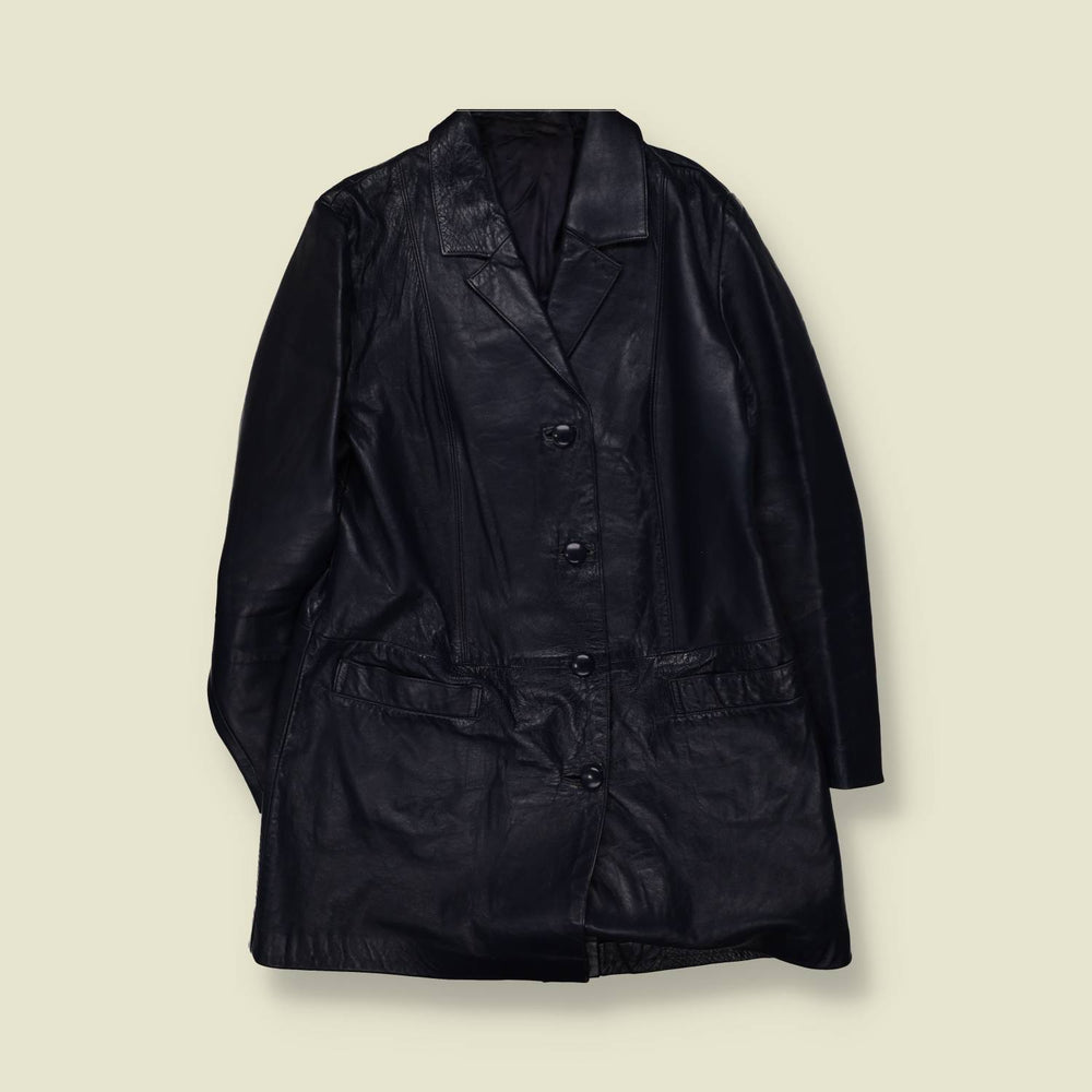 1990s | Longline Leather Jacket | Dark Blue - 14