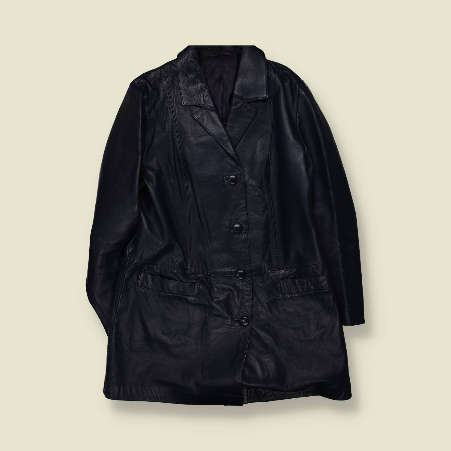 1990s | Longline Leather Jacket | Dark Blue - 14