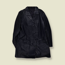 1990s | Longline Leather Jacket | Dark Blue - 14