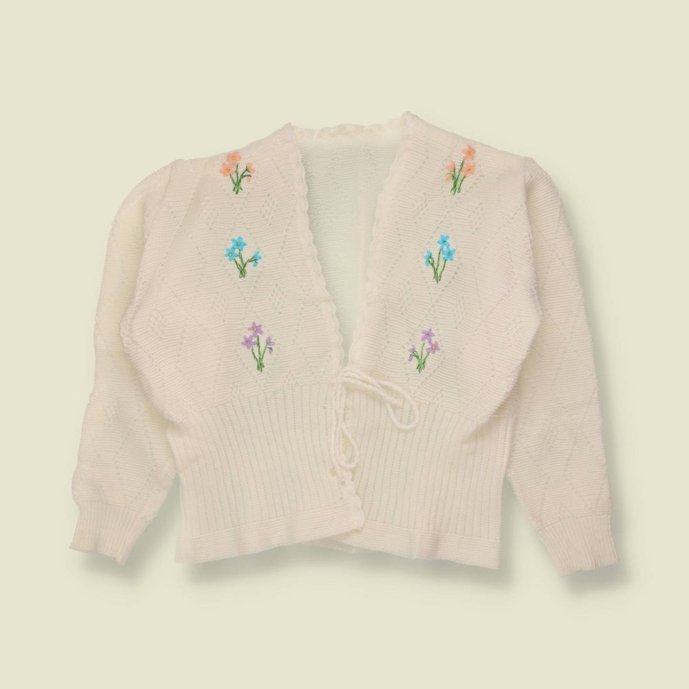 1970s | Embroidered Floral Knit Cardigan | Ivory - 12