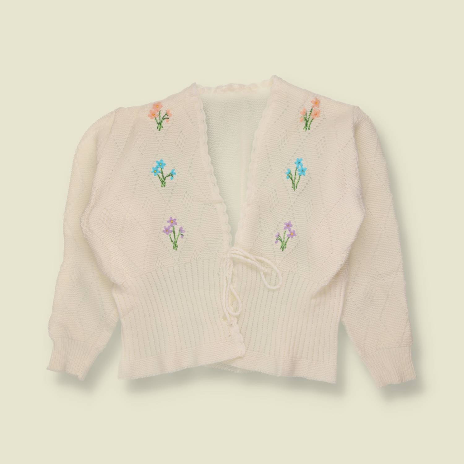 1970s | Embroidered Floral Knit Cardigan | Ivory - 12