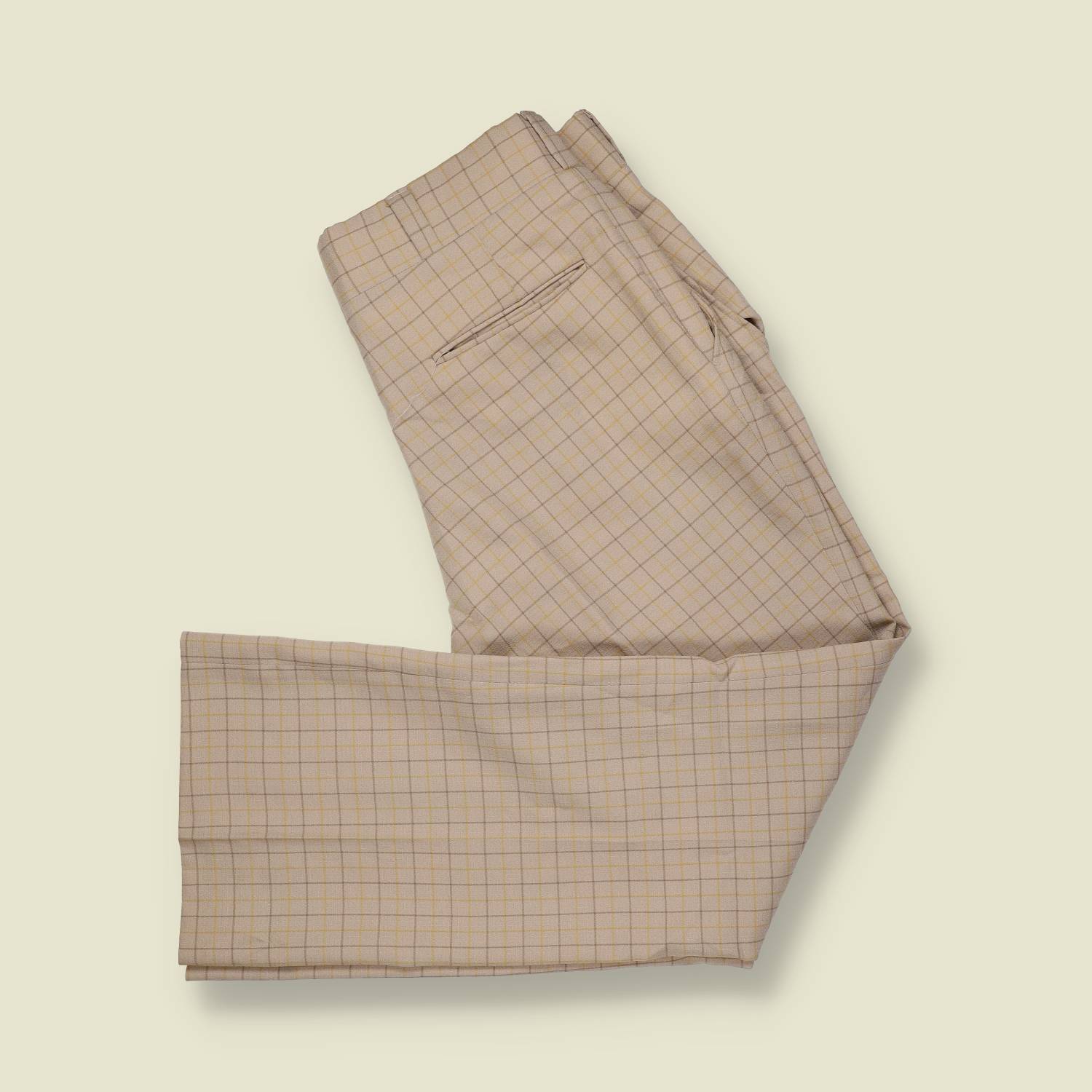 1970s | Check Trousers | Polyester | Cream / Tan Grid – w34