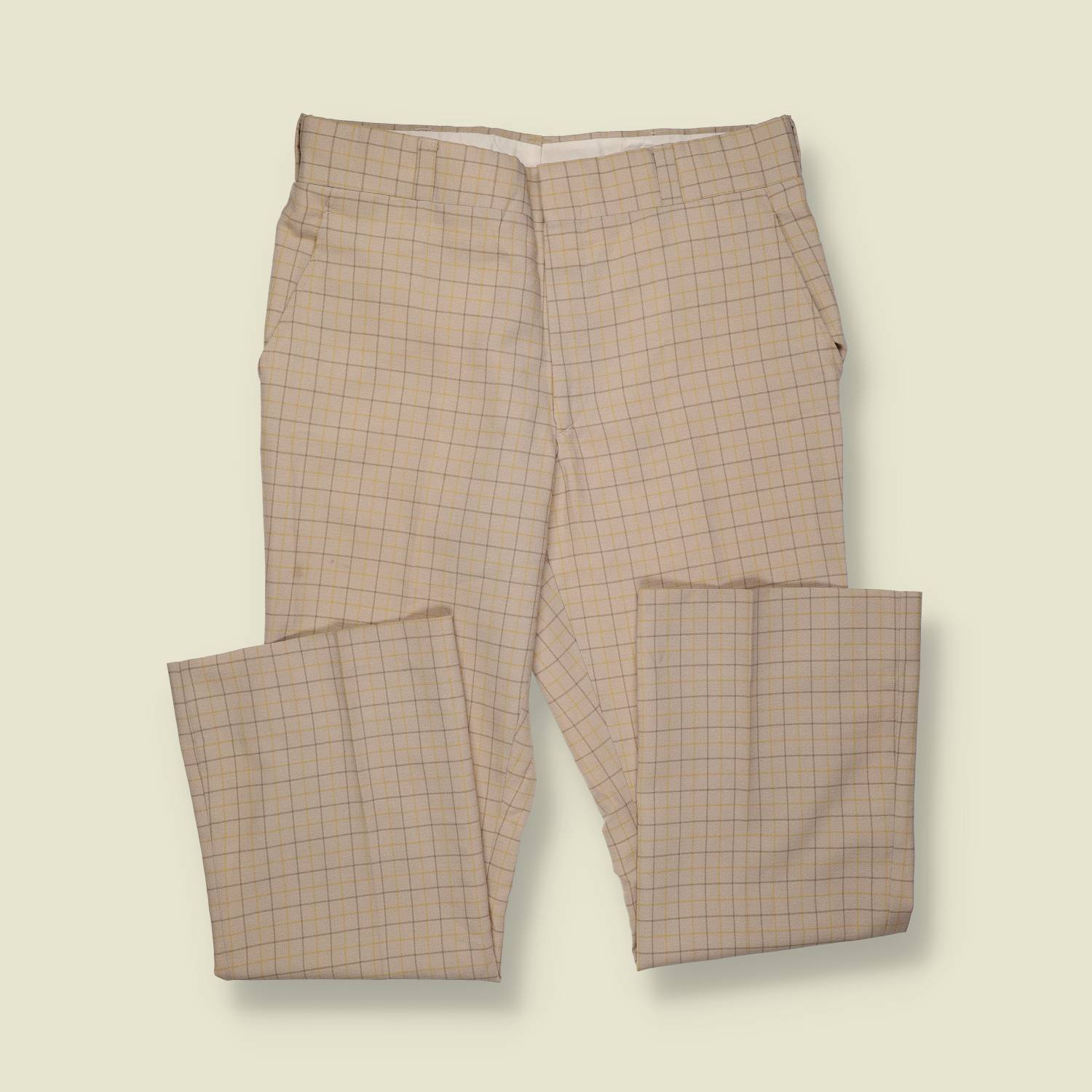 1970s | Check Trousers | Polyester | Cream / Tan Grid – w34