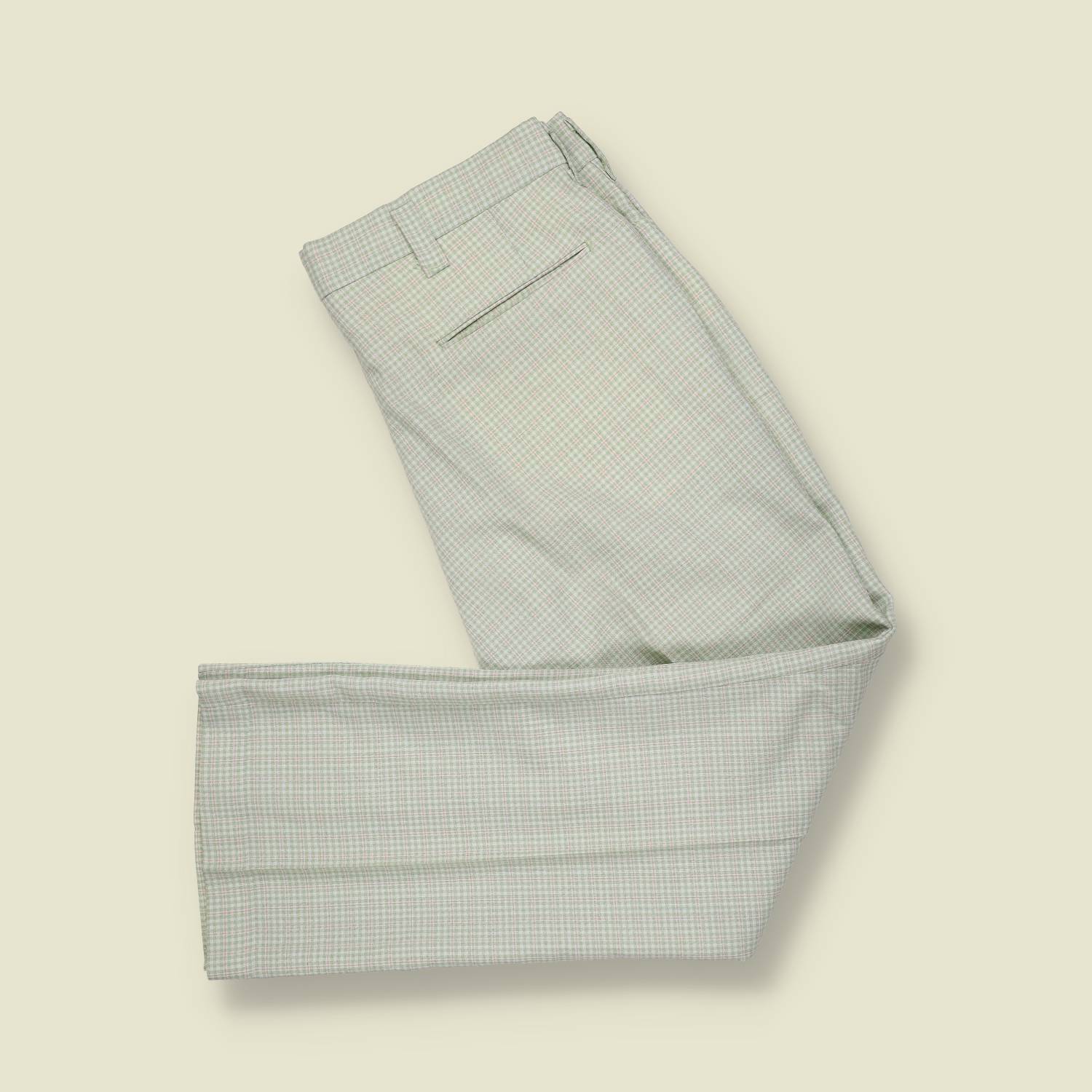 1970s | Dickies | Polyester Check Trousers | Made in USA | Pale Green / Cream – w34-36