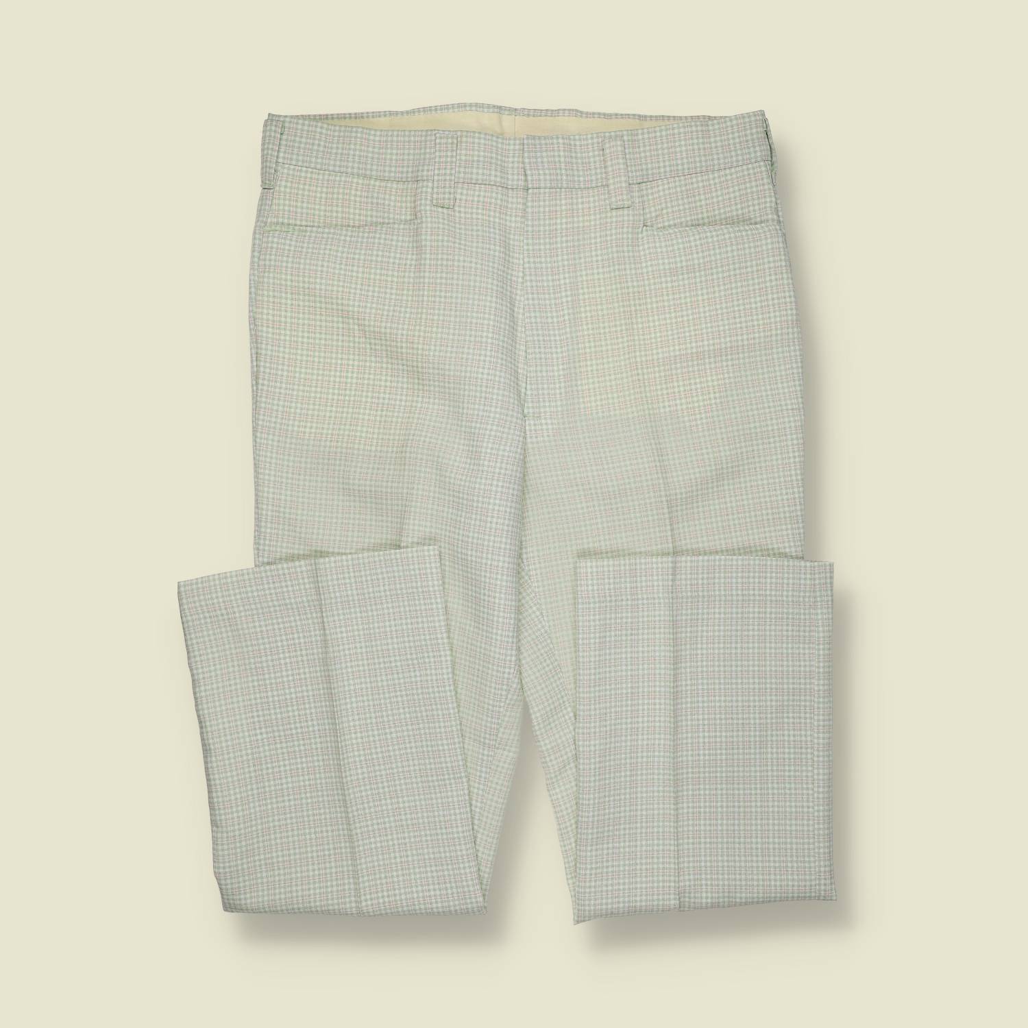1970s | Dickies | Polyester Check Trousers | Made in USA | Pale Green / Cream – w34-36