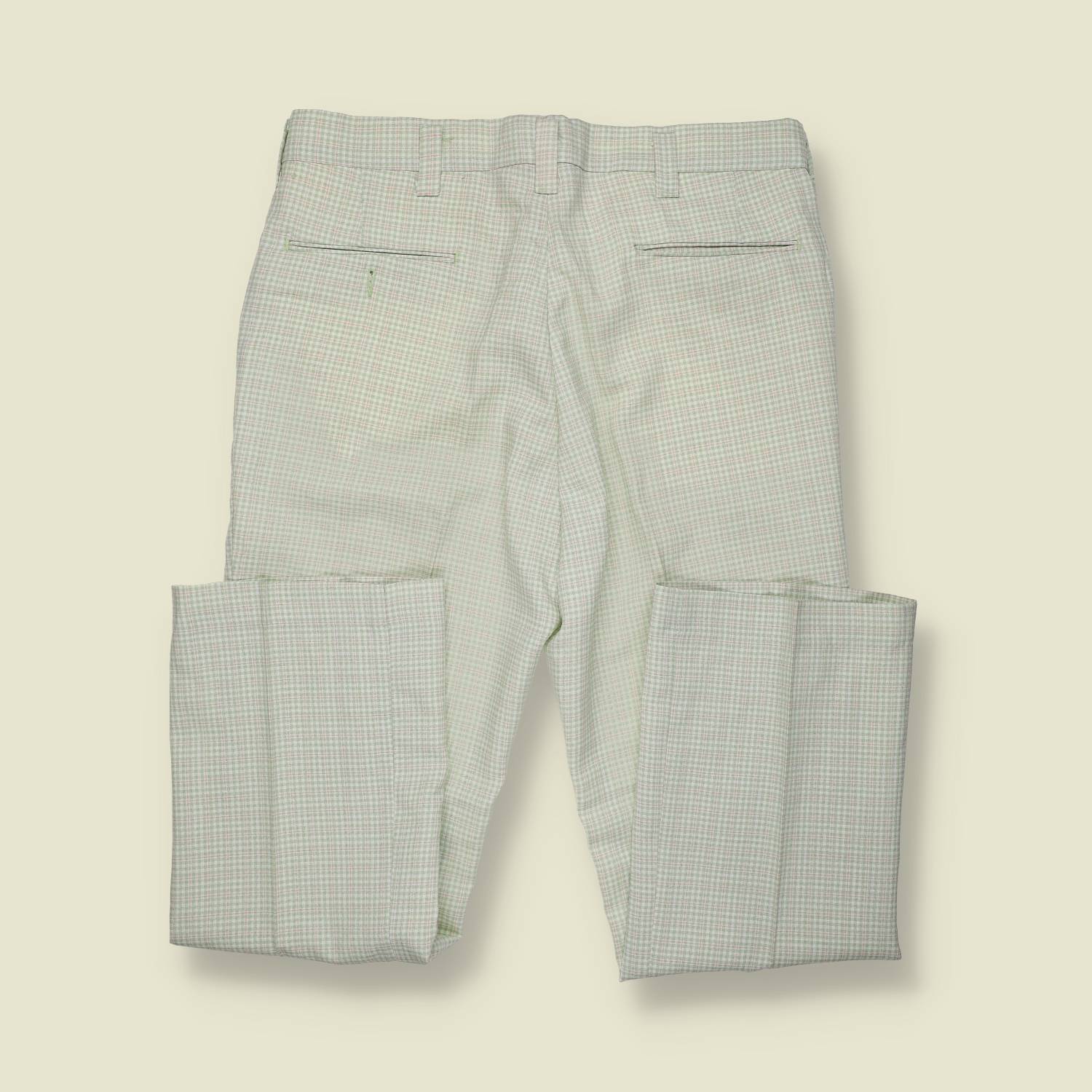 1970s | Dickies | Polyester Check Trousers | Made in USA | Pale Green / Cream – w34-36