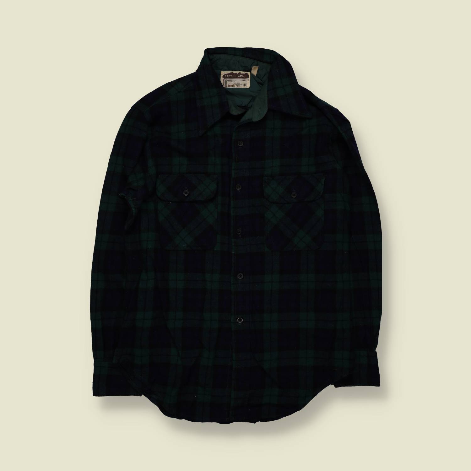 1970s | Unknown Brand | Wool Flannel Shirt | Green Plaid – L/XL