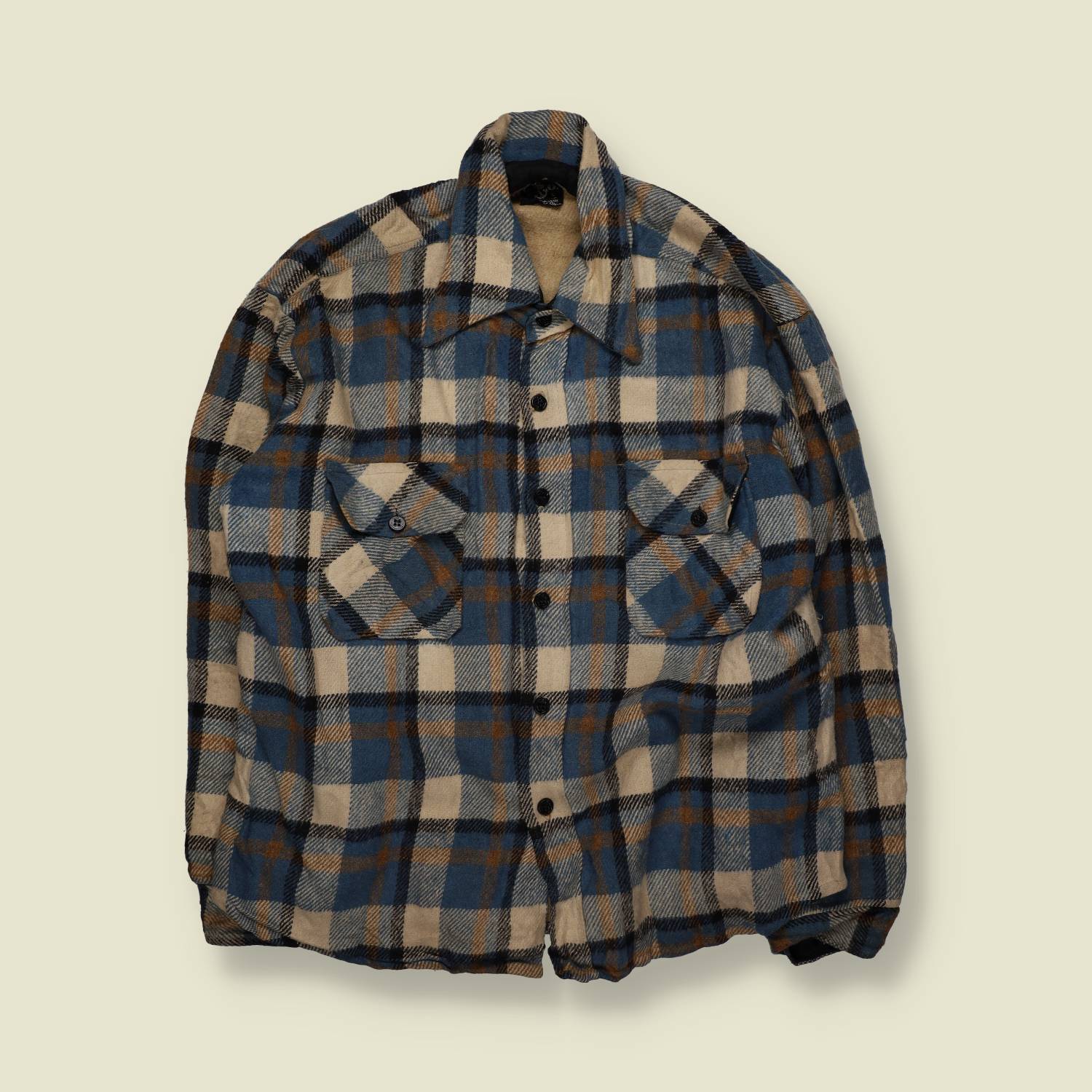 1970s | Unbranded | Lined CPO Wool Shirt | Blue / Tan Check – L