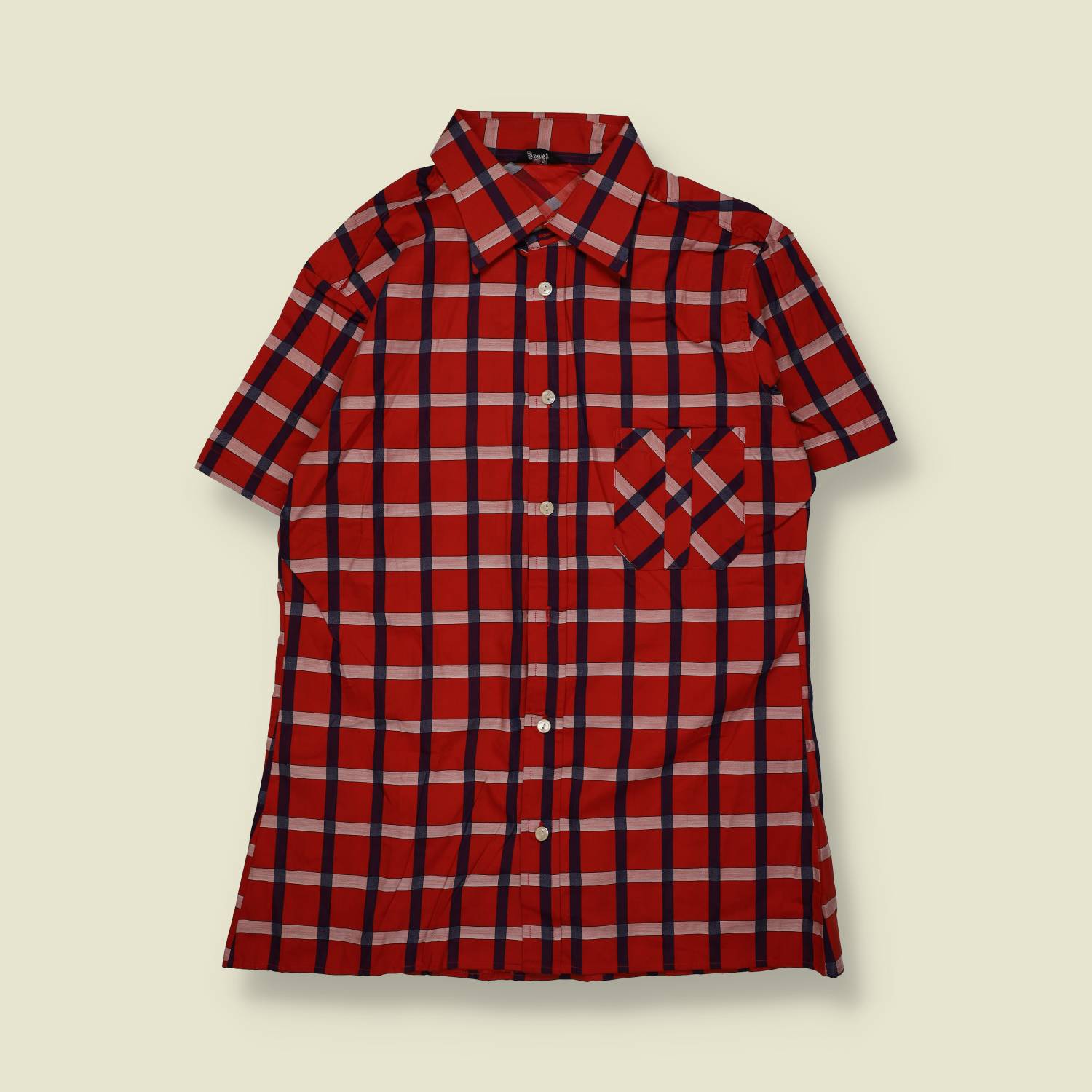 1970s | Short Sleeve Check Shirt | Red, Navy & White – M